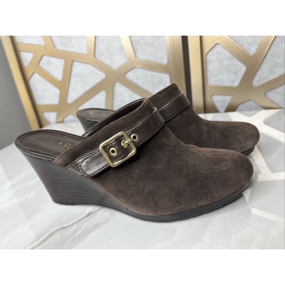Lauren Ralph Yassinia Suede Leather Wedge Heels Mules Clogs Slip On Shoes 7 B - Picture 2 of 10